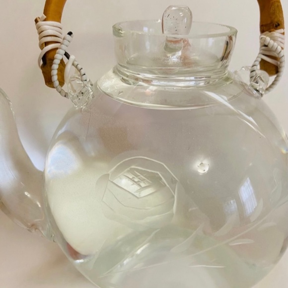 Vintage Hand Blown Teapot With Lid and Bamboo Handle and Red Etched Flowers - Picture 4 of 7
